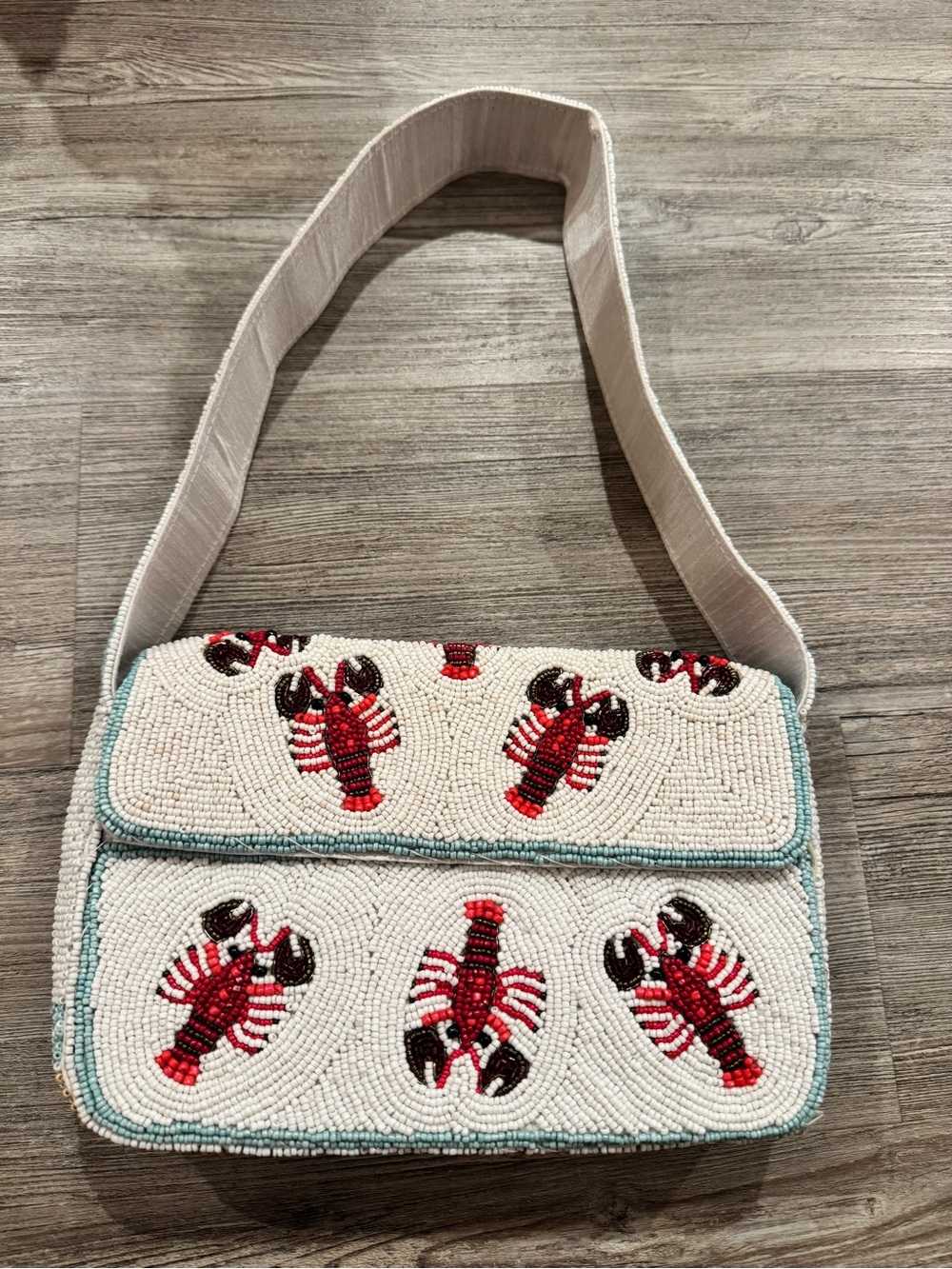 Beaded Lobster Motif Shoulder Bag in White and Red